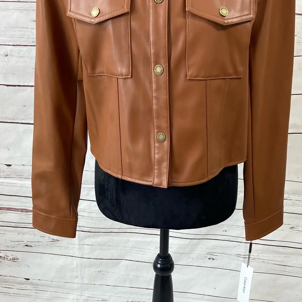 Calvin Klein Jacket‎ Women's Medium Brown Cropped Faux Leather